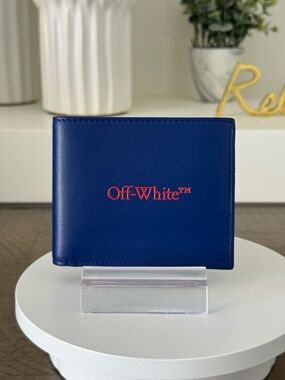 Off-White Bookish Bifold Wallet Navy Blue Leather Red Logo